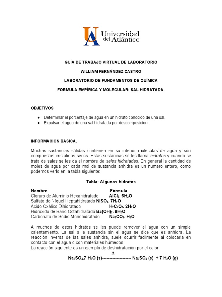 Determination of the Empirical and Molecular Formulas of a Hydrated