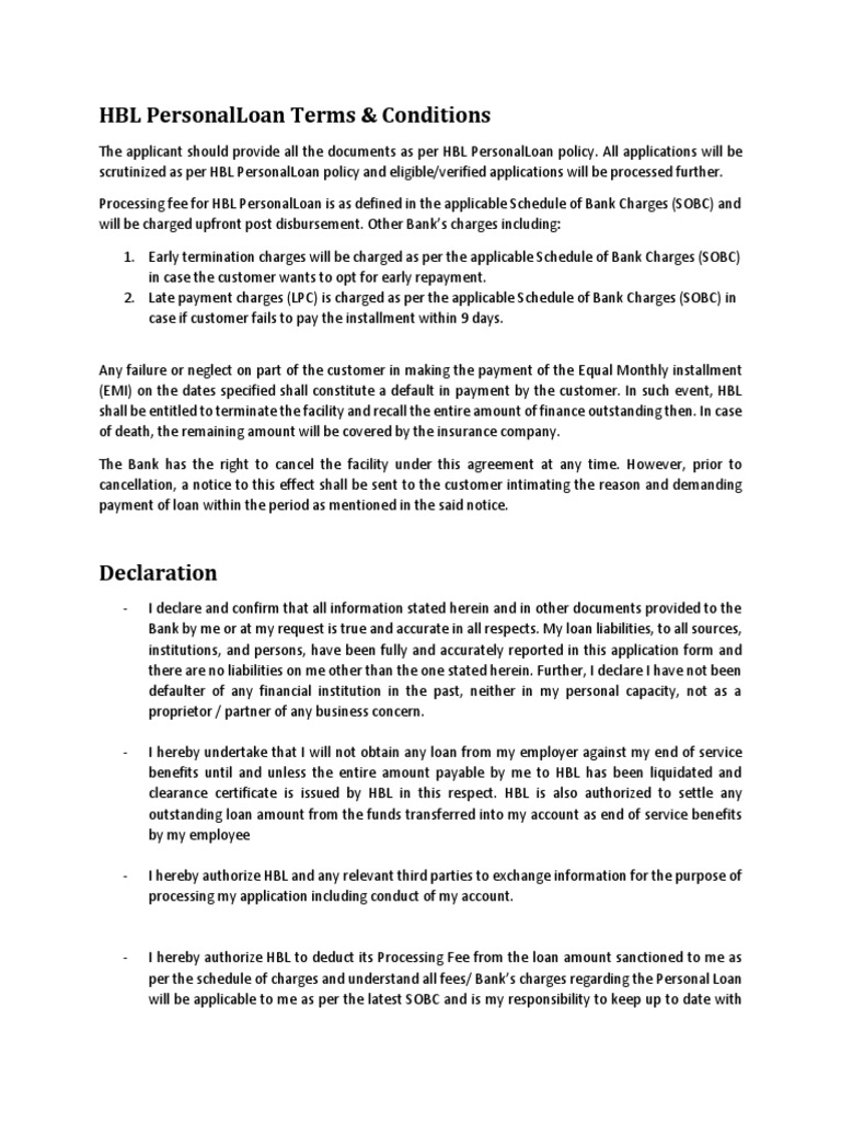 HBL PersonalLoan Terms and Conditions PDF Banks Loans