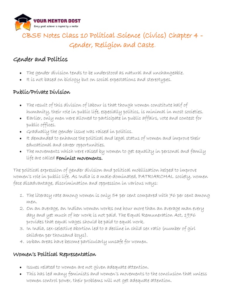 CBSE Notes Class 10 Political Science (Civics) Chapter 4 - Gender ...