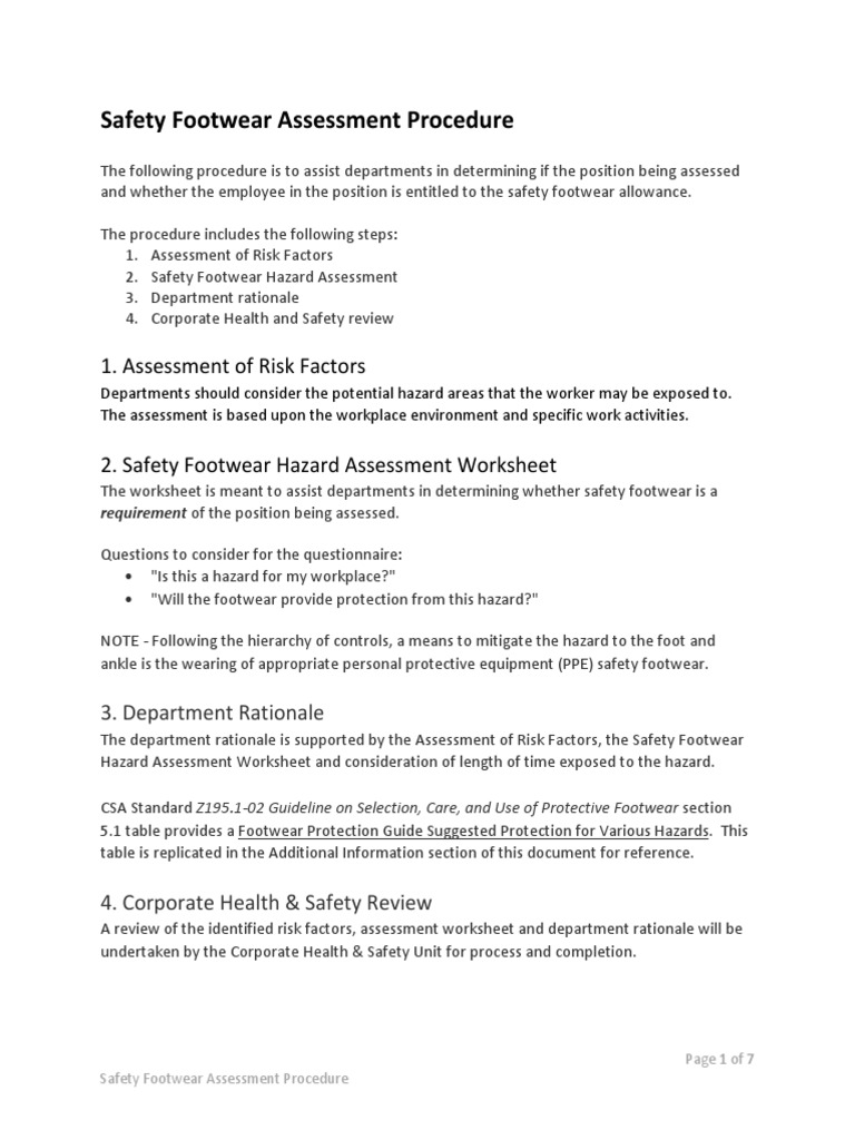 Safety Footwear Assessment Procedure Form PDF Risk Occupational