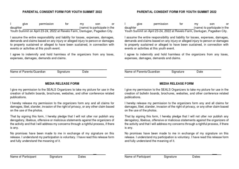 Parental Consent Form for Youth Summit 2022 Final | PDF | Indemnity ...