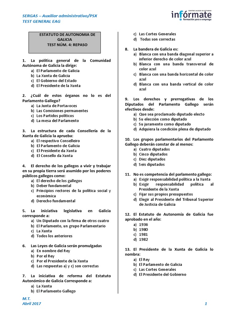 Test PSX Auxiliar Administrativo SERGAS | PDF | Cortes Generales | Gobierno