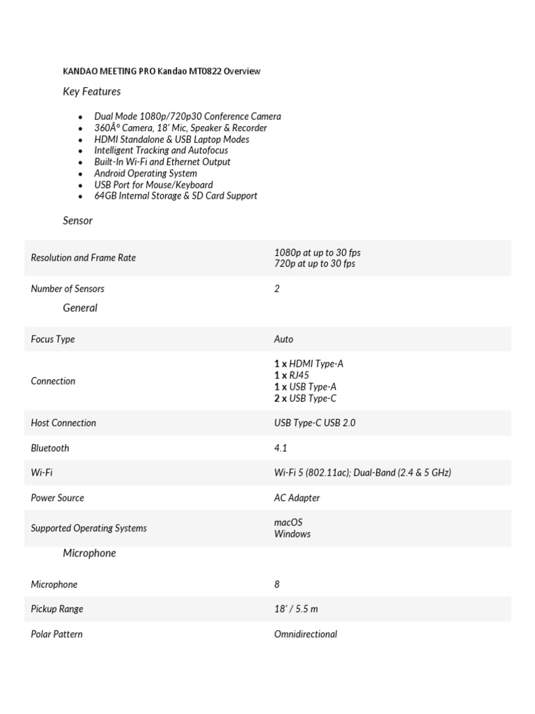 Kandao MT0822 Conference Camera Overview | PDF | Camera | Camera Lens