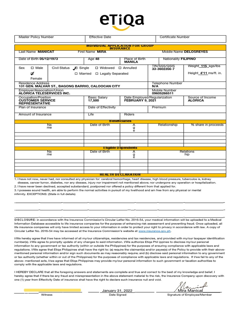 Etiqa Form Signed | PDF