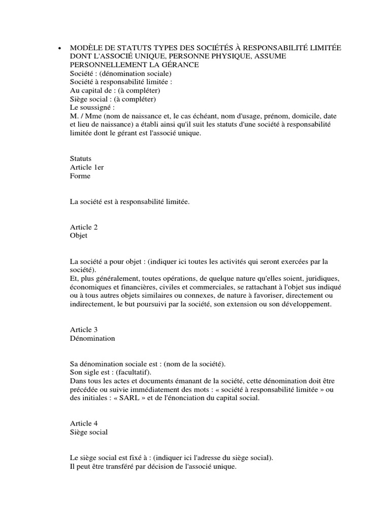 Modèle de statuts SARL pour associé unique | PDF | Droit