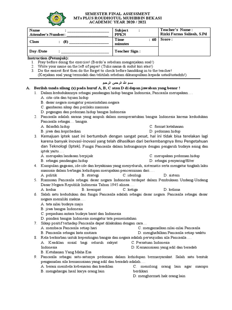 Contoh soal pas pkn kelas 8 smt 1