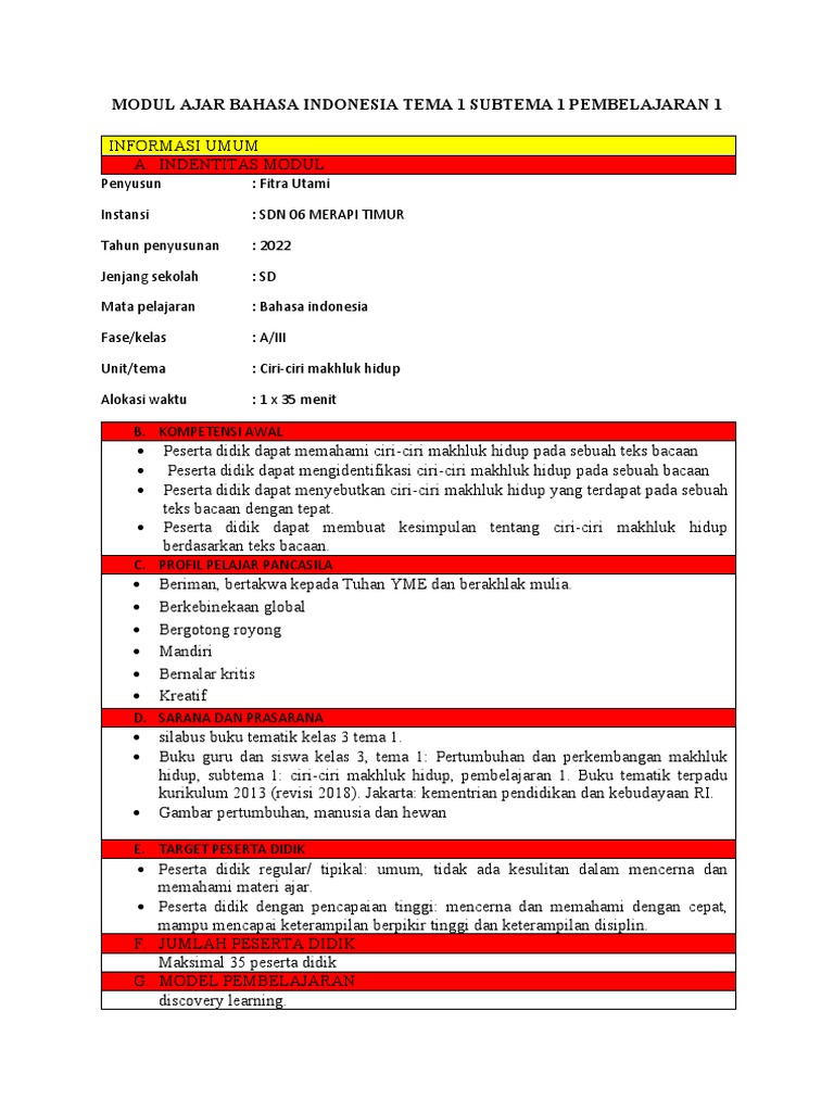 Modul Ajar Kelas 3: Ciri Makhluk Hidup | PDF | Seni & Disiplin Bahasa