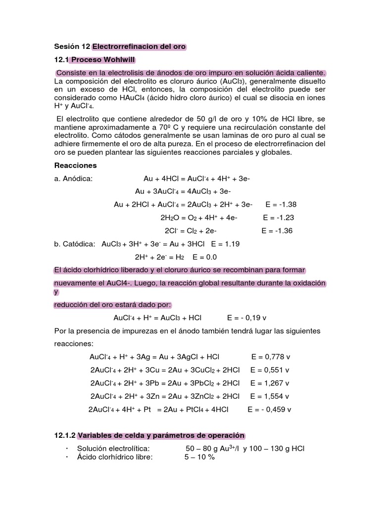 Proceso Wohlwill en Electrorrefinación de Oro | PDF | Ácido clorhídrico ...