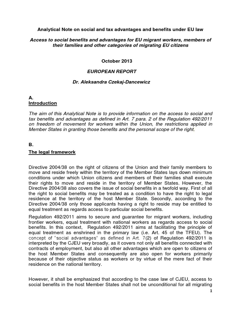Analytical Note On Social and Tax Advantages and Benefits Under EU Law ...