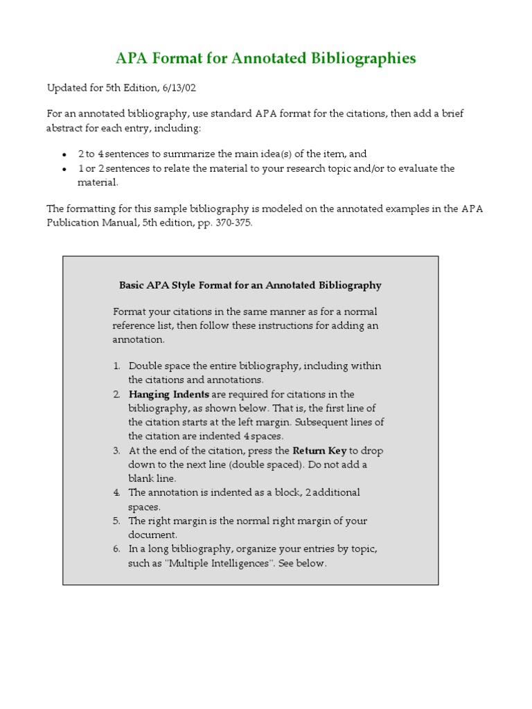 APA Annotated Bibliography PDF Citation American Psychological Association