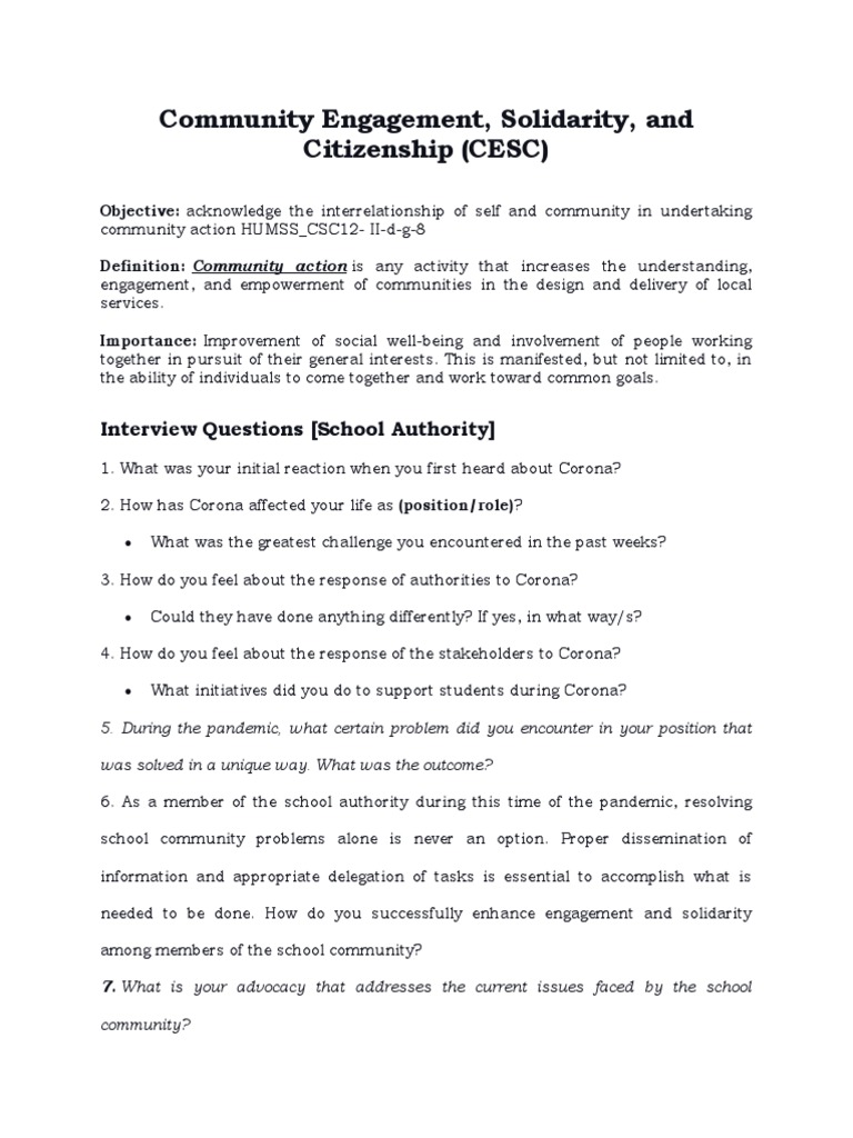 Interview Questions CESC - Edited | PDF | Community | Well Being