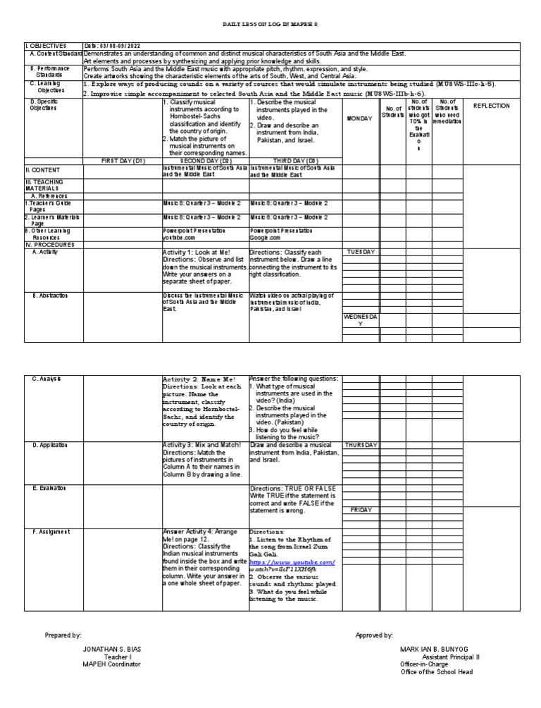 MAPEH 8 Daily Lesson Log: Music & Arts | PDF | Musical Instruments ...