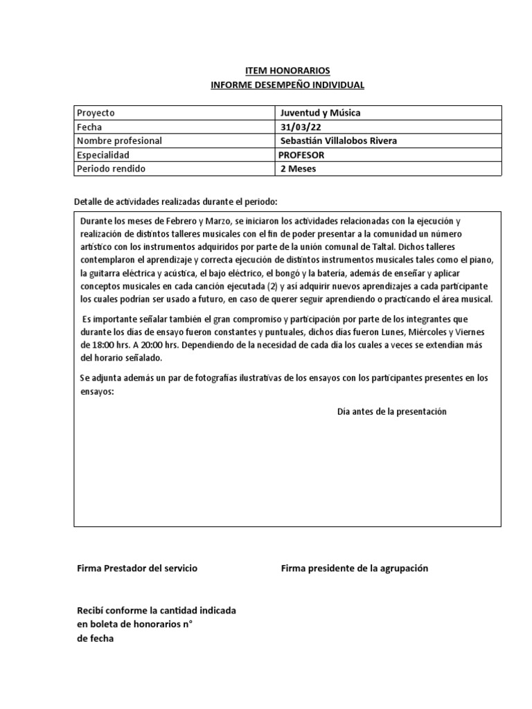 Informe de Honorarios y Actividades Musicales | PDF