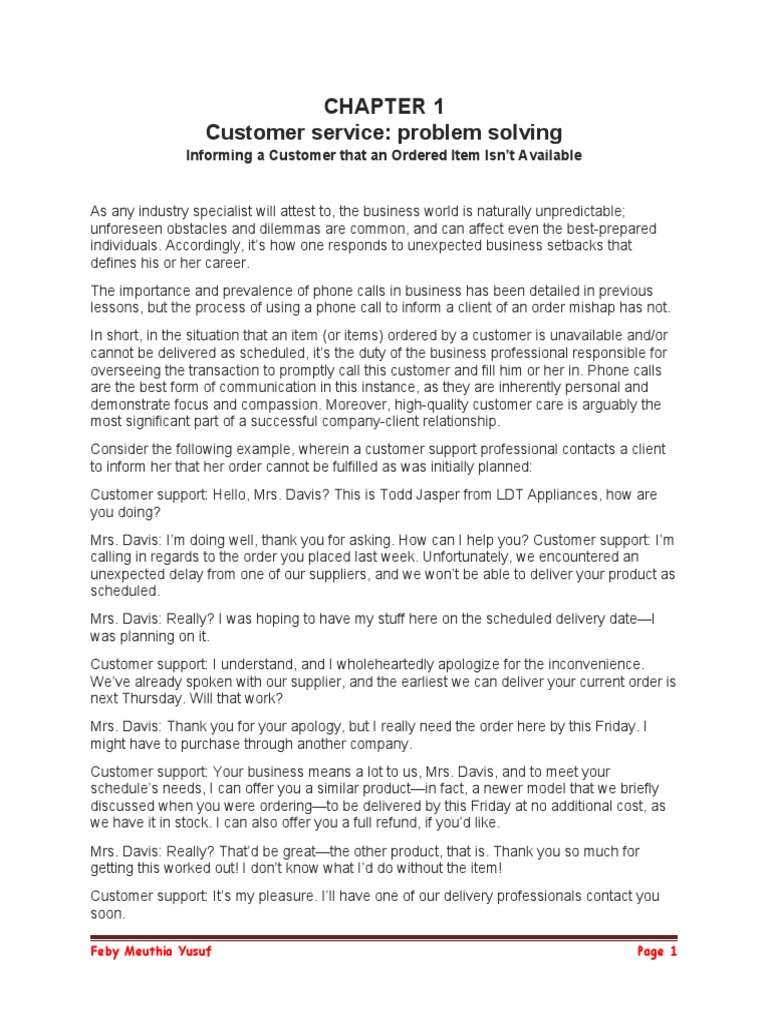 Customer Service Problem Solving Informing A Customer That An Ordered