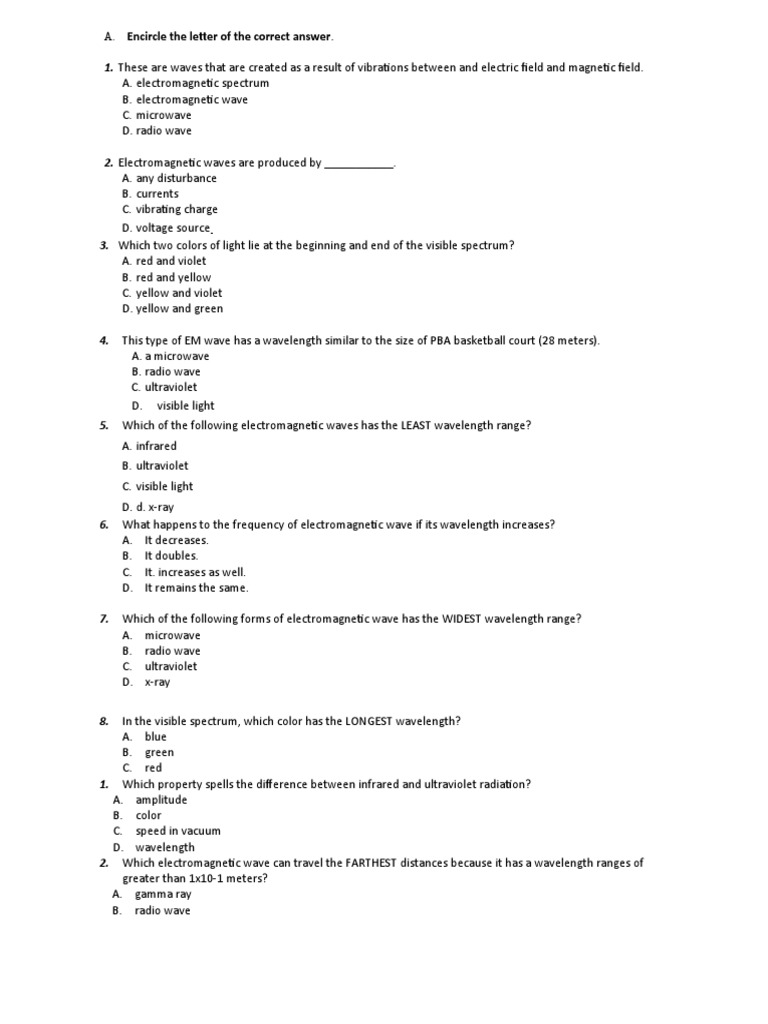 EM Spectrum Quiz PDF Radiation