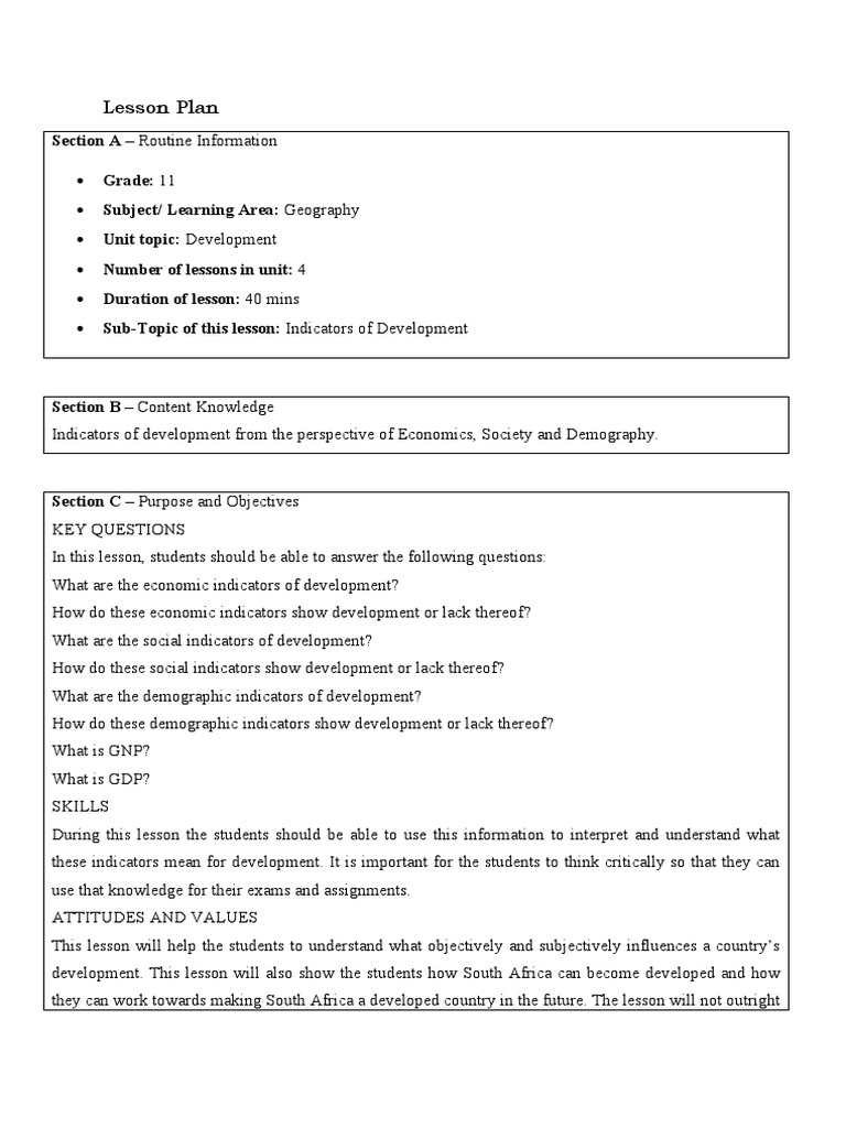 Grade 11 Development Indicators Lesson Plan Pdf