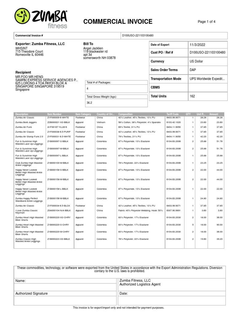 CommercialInvoiceD100USO 221103100480 PDF Sock Shoe