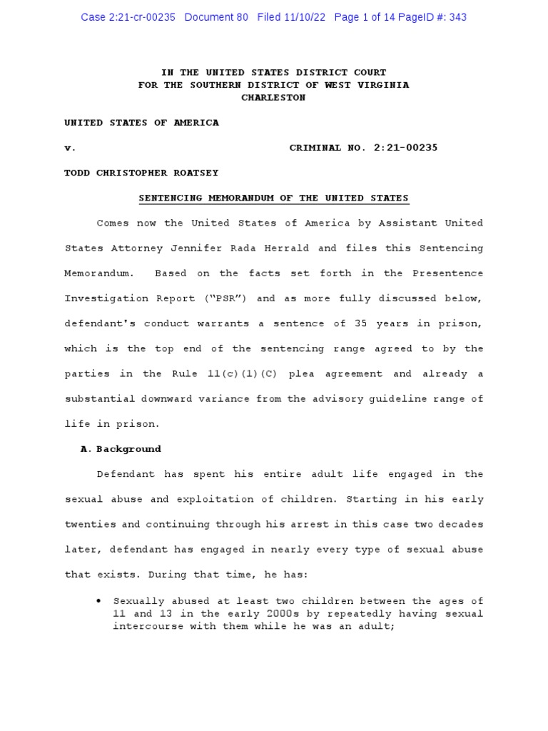 Todd Roatsey Sentencing Memorandum | PDF | Child Pornography | United ...