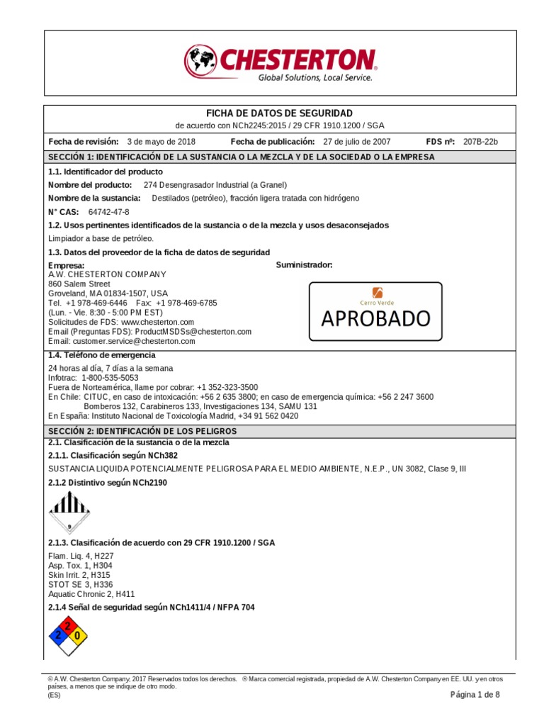 FDS - CHESTERTON 274 Desengrasador Industrial | PDF