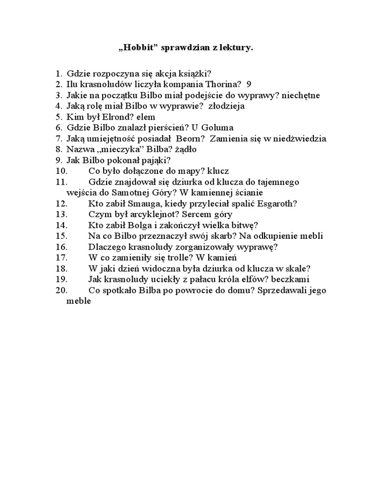 Hobbit Lektura Szkolna Klasa 6 Sprawdzian Hobbit | PDF