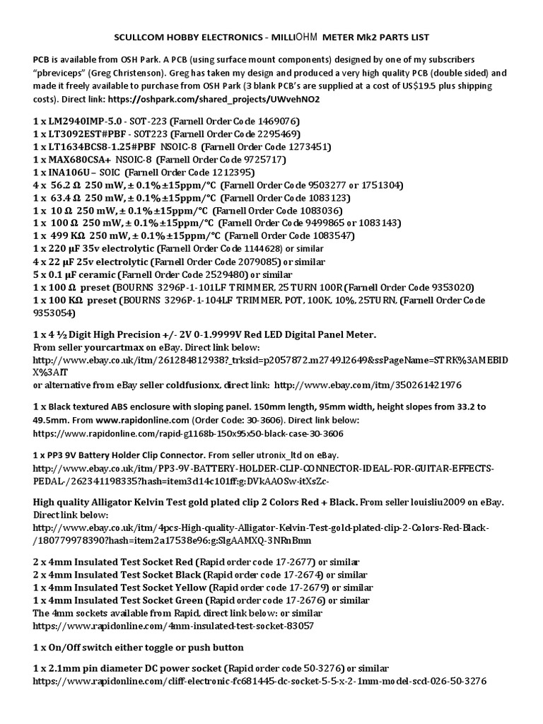Milliohm Meter Mk2 Parts List PDF Electrical Connector Electrical