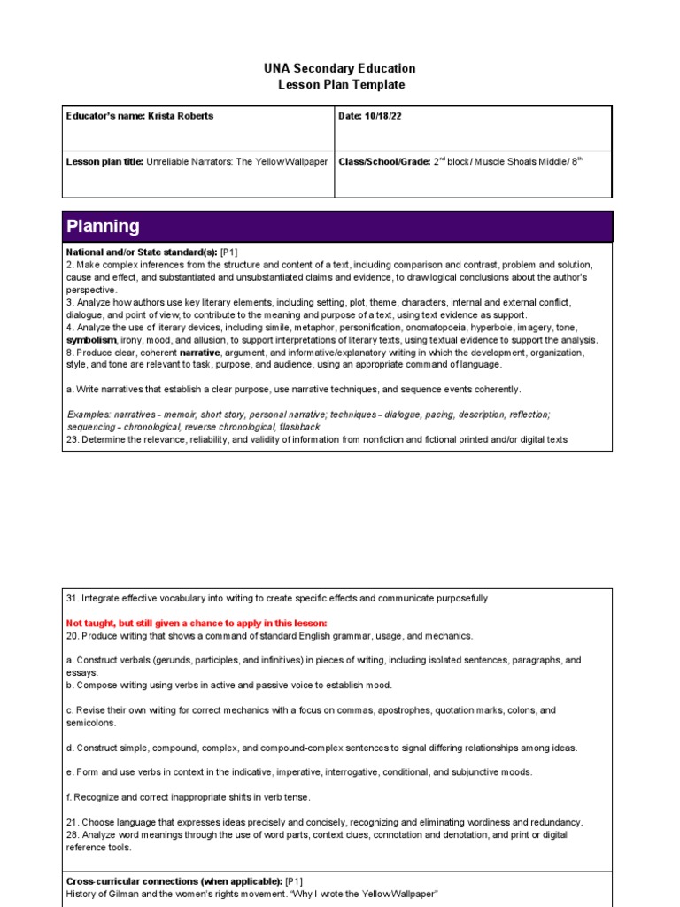 Yellow Wallpaper Lesson Plan PDF Narrative Educational Assessment