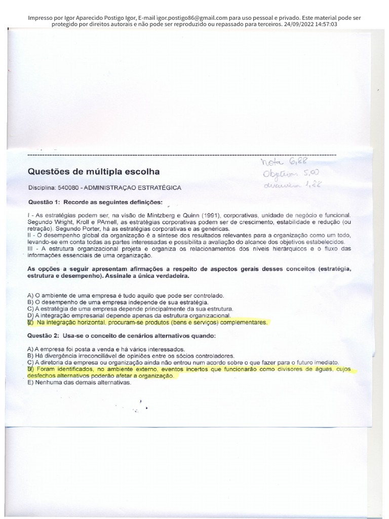 Prova Administração Estratégica Unip - Passei Direto | PDF