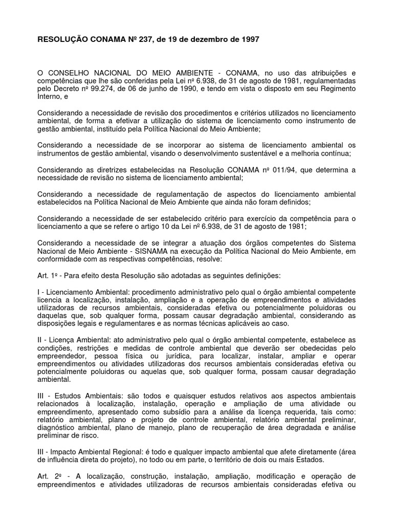 Resolução CONAMA 237/1997: Licenciamento Ambiental | PDF | Desperdício ...