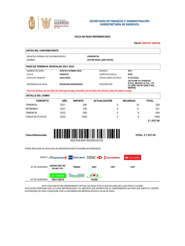 Impresión de Hoja de Pago Referenciado | PDF