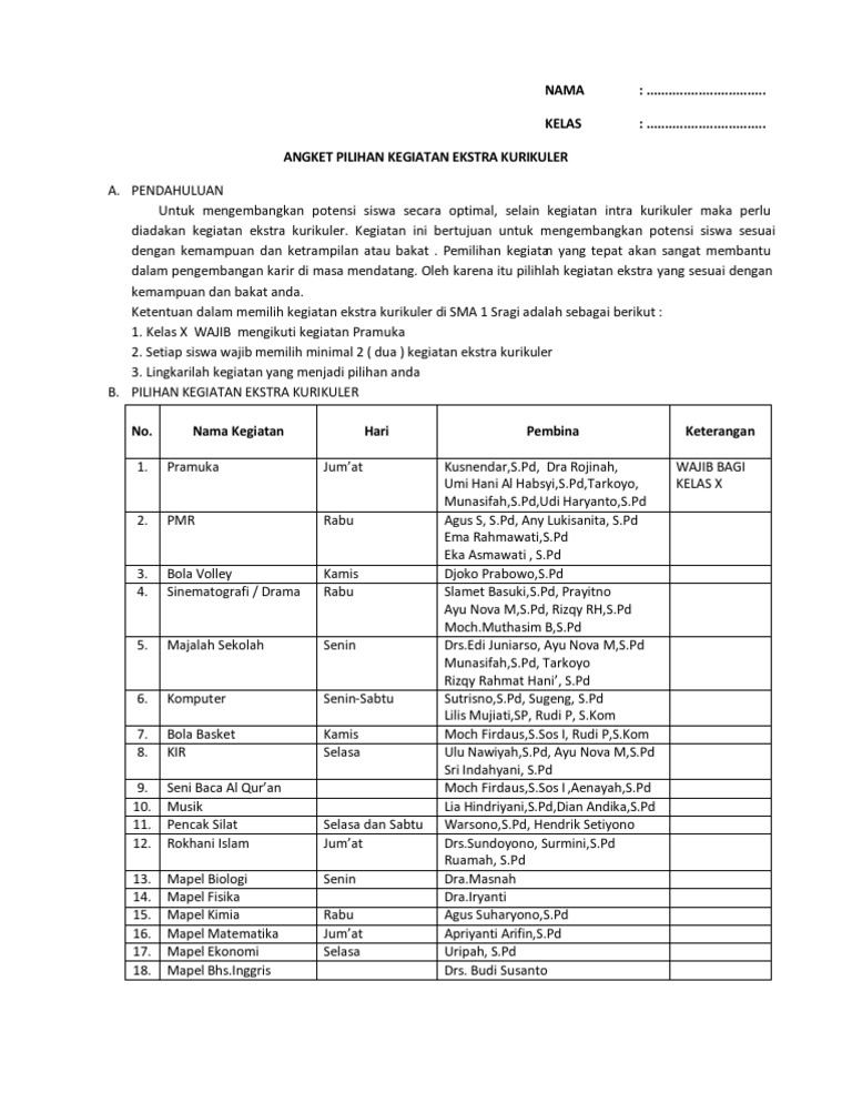 Angket Pilihan Kegiatan Ekstra Kurikuler