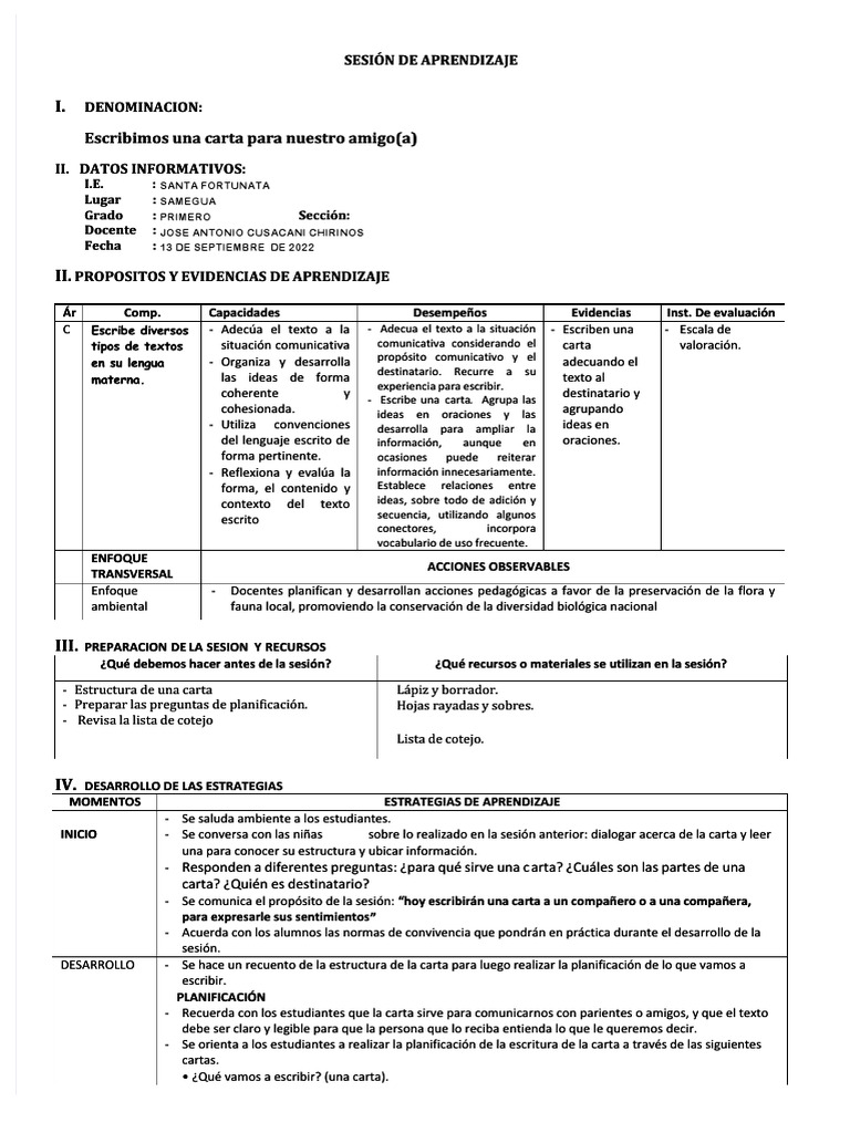 Sesion de Aprendizaje La Carta | PDF | Aprendizaje | Ciencia cognitiva