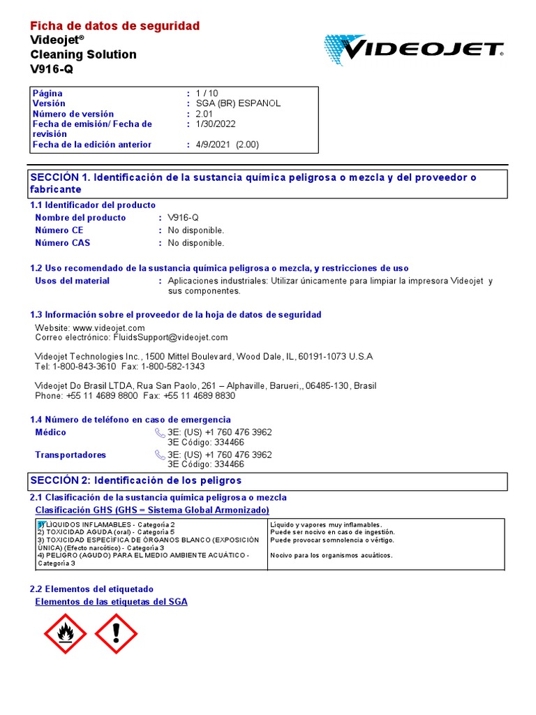 Videojet Cleaning Solution Ficha de Datos de Seguridad PDF