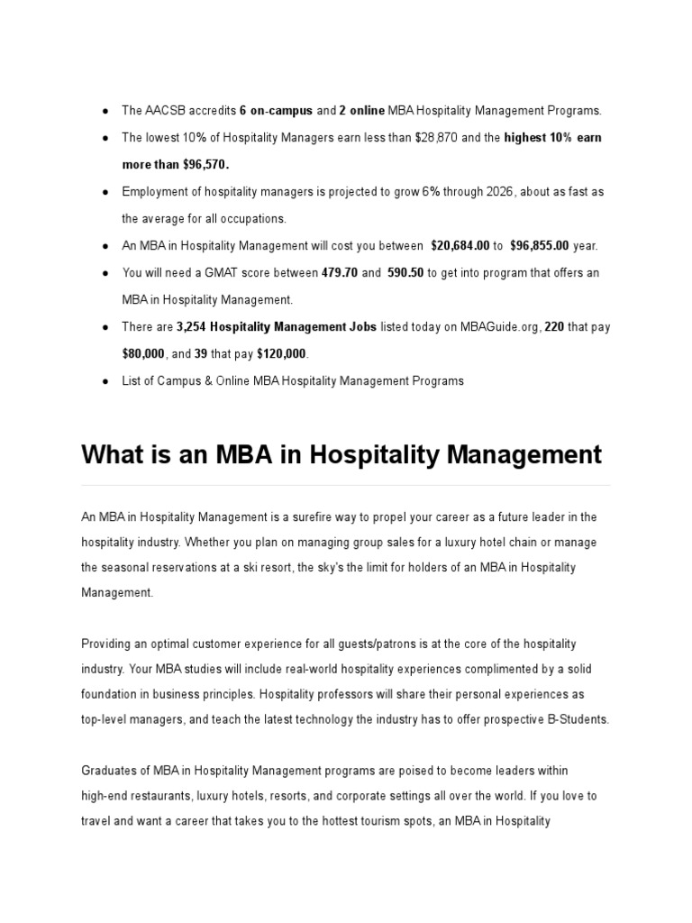 MBA in Hospitality Management PDF Master Of Business Administration