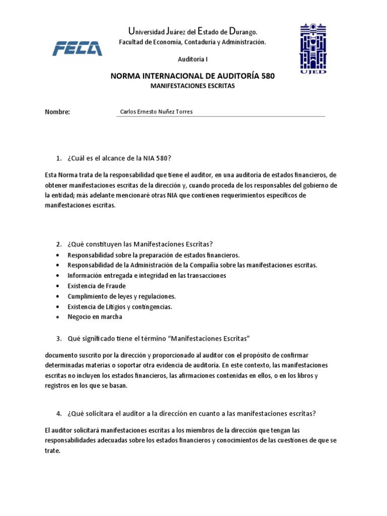 Cuestionario NIA 580 | PDF | Auditoría | Contralor