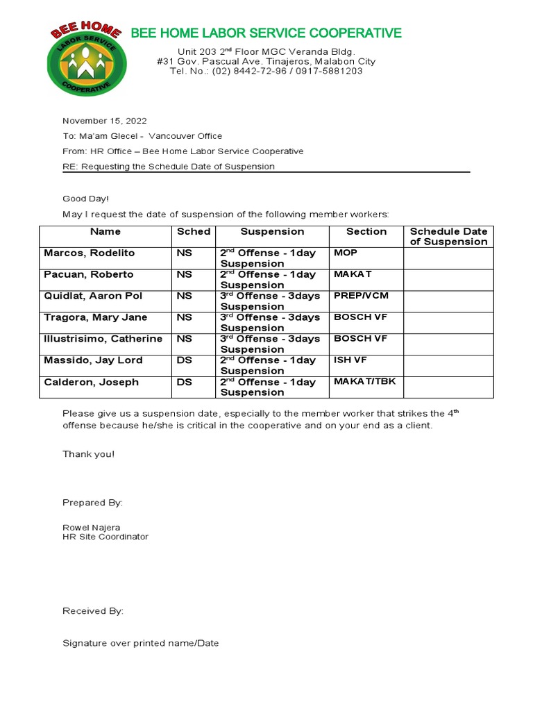 Request For Suspension Date PDF