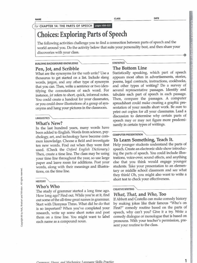 Parts of Speech Answer Key PDF