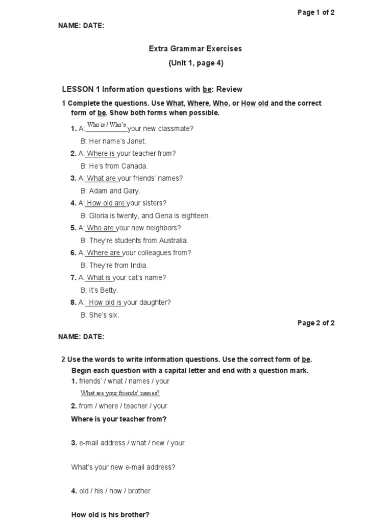 Information Questions with 'Be' Exercises | PDF | Foreign Language ...