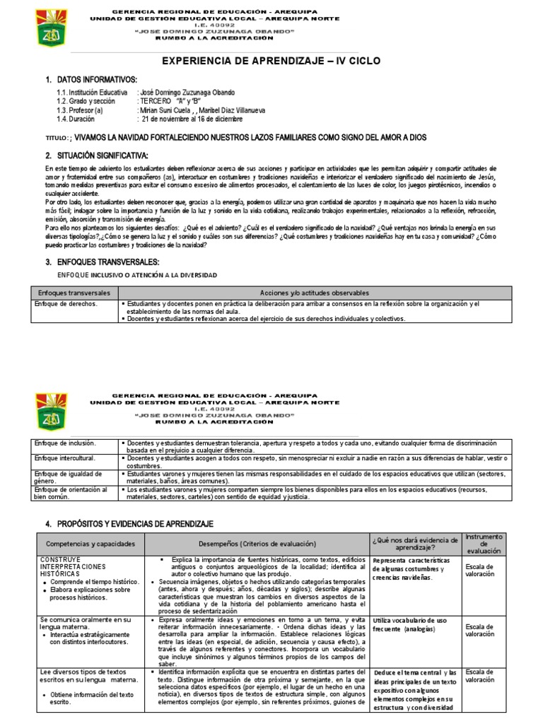 Experiencia de Aprendizaje Tercer Grado | PDF