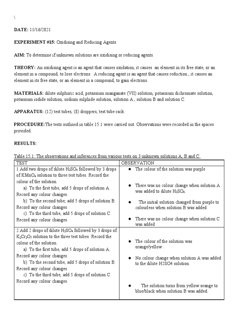 Lab #15 Oxidising and Reducing Agents | PDF