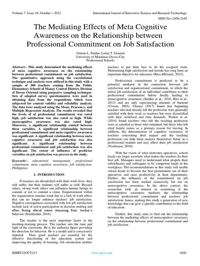The Mediating Effects of Meta Cognitive Awareness On The Relationship ...