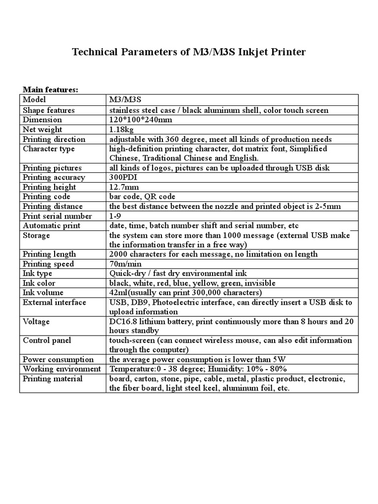 Technical Parameters of M3S Handheld Inkjet Printer | PDF