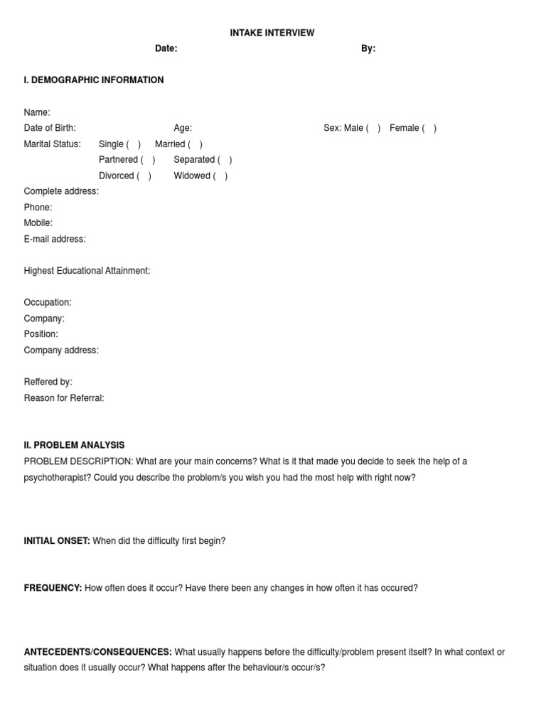 Psychological Assessment Intake Intervie | PDF | Adolescence | Family