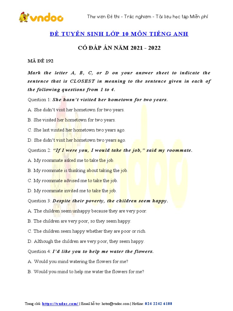 De Thi Tuyen Sinh Vao Lop 10 Mon Tieng Anh Tinh Thua Thien Hue | PDF ...