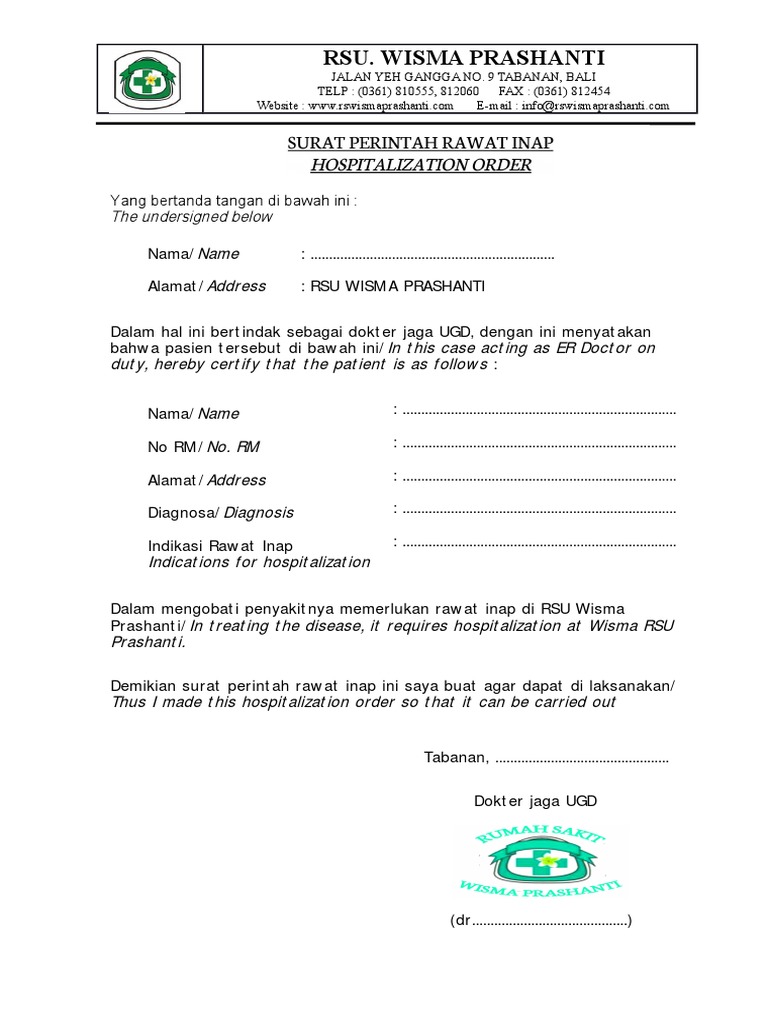 Surat Perintah Rawat Inap RSU Prashanti | PDF