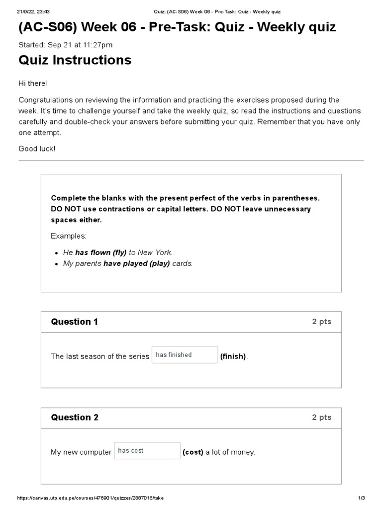 Week 06 Quiz: Present Perfect Practice | PDF