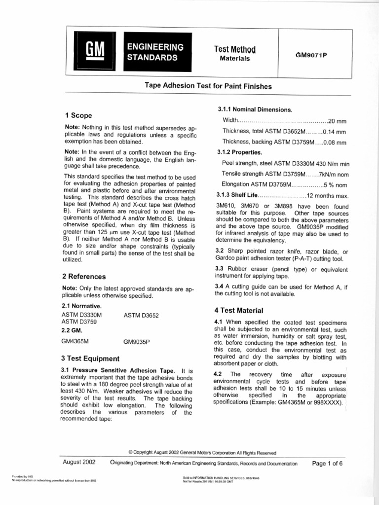 GM9071P Tape Adhesion Test For Paint Finishes PDF Paint Adhesive