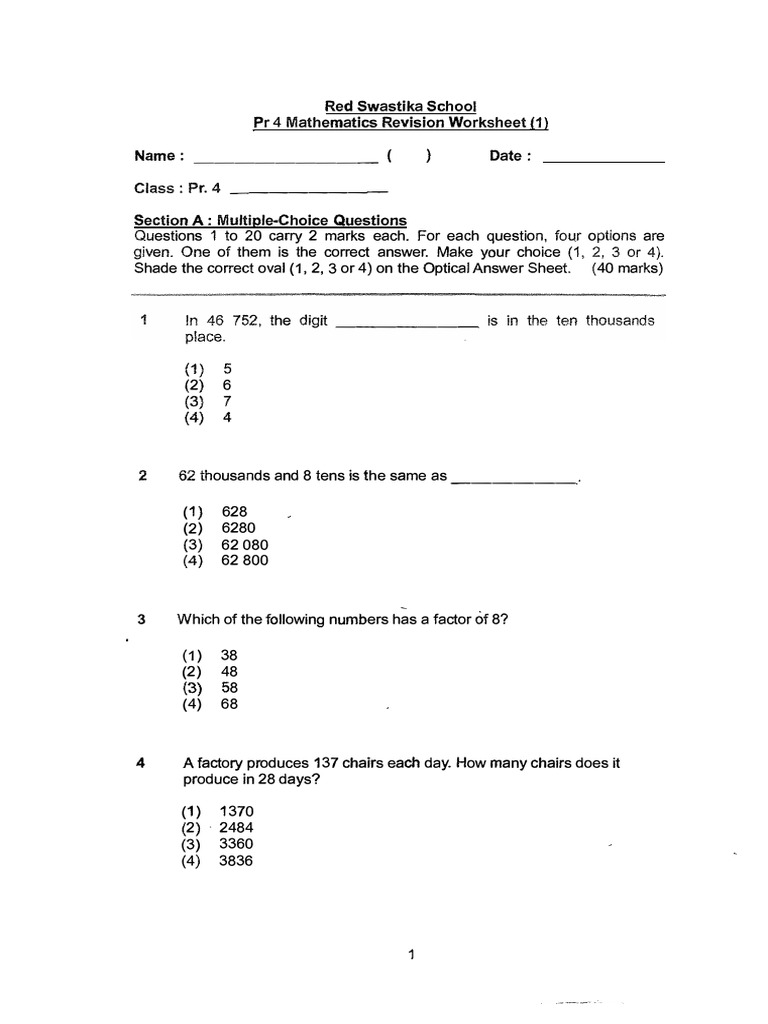 P4 Maths CA1 2021 RedSwastika Exam Papers | PDF | Teaching Methods ...