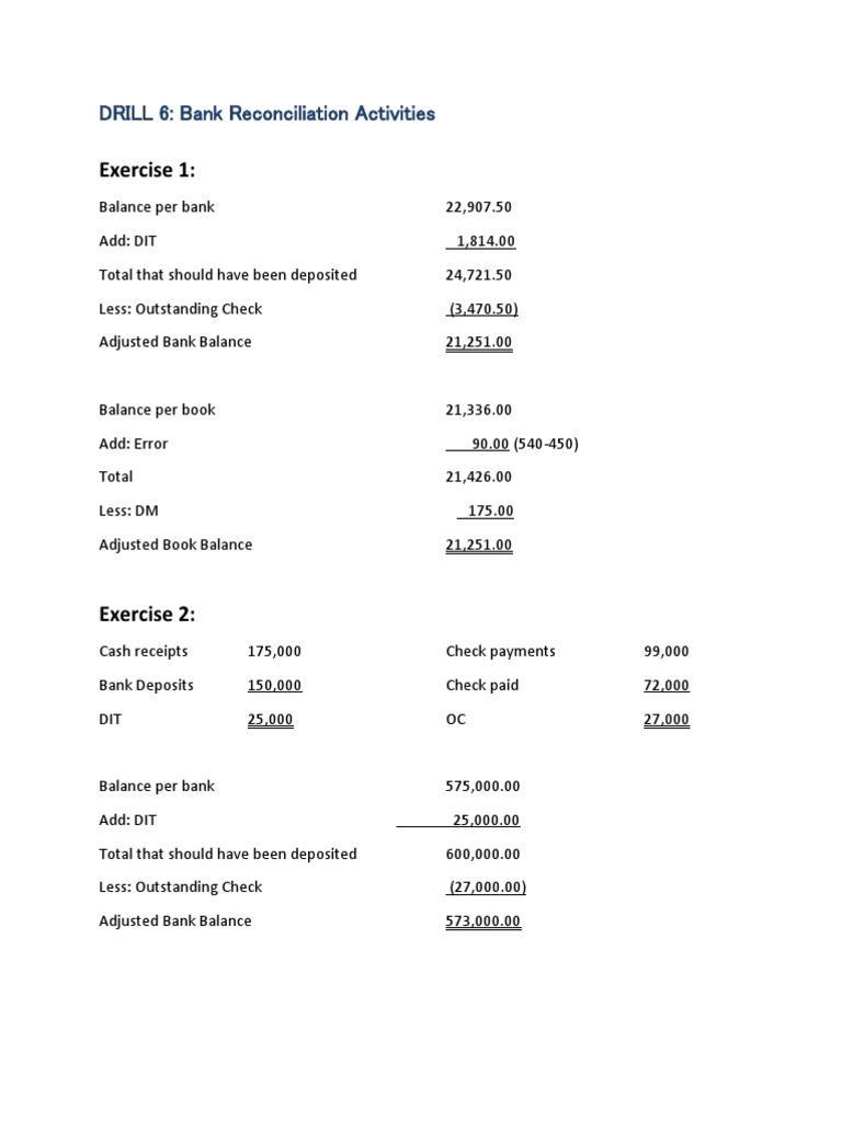 Bank Reconciliation Exercises and Solutions | PDF | Cheque | Banks