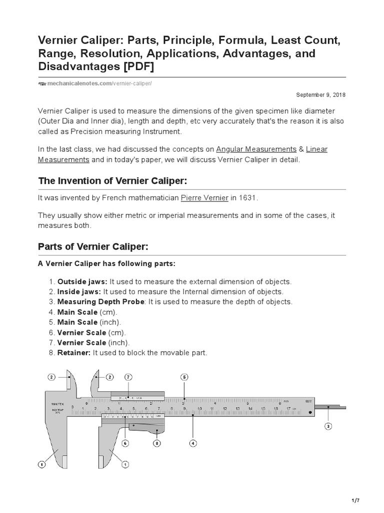 Vernier Caliper Parts Principle Formula Least Count Range Resolution ...