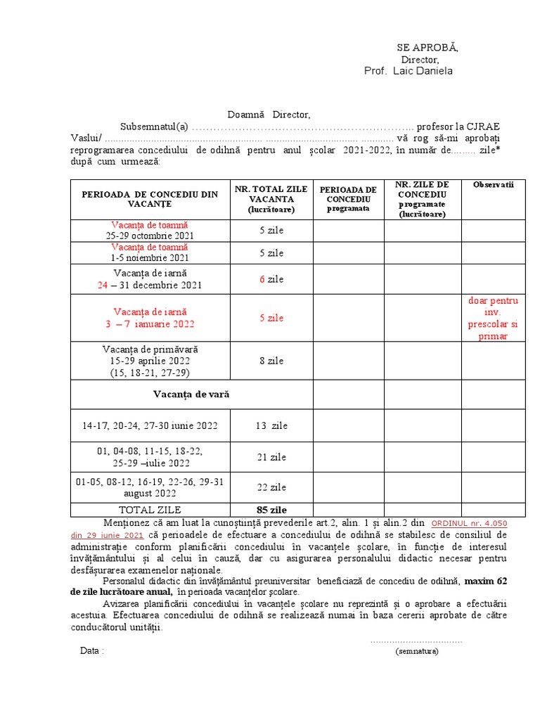Cerere Reprogramare CONCEDIU Cadre Didactice 2021-2022 | PDF